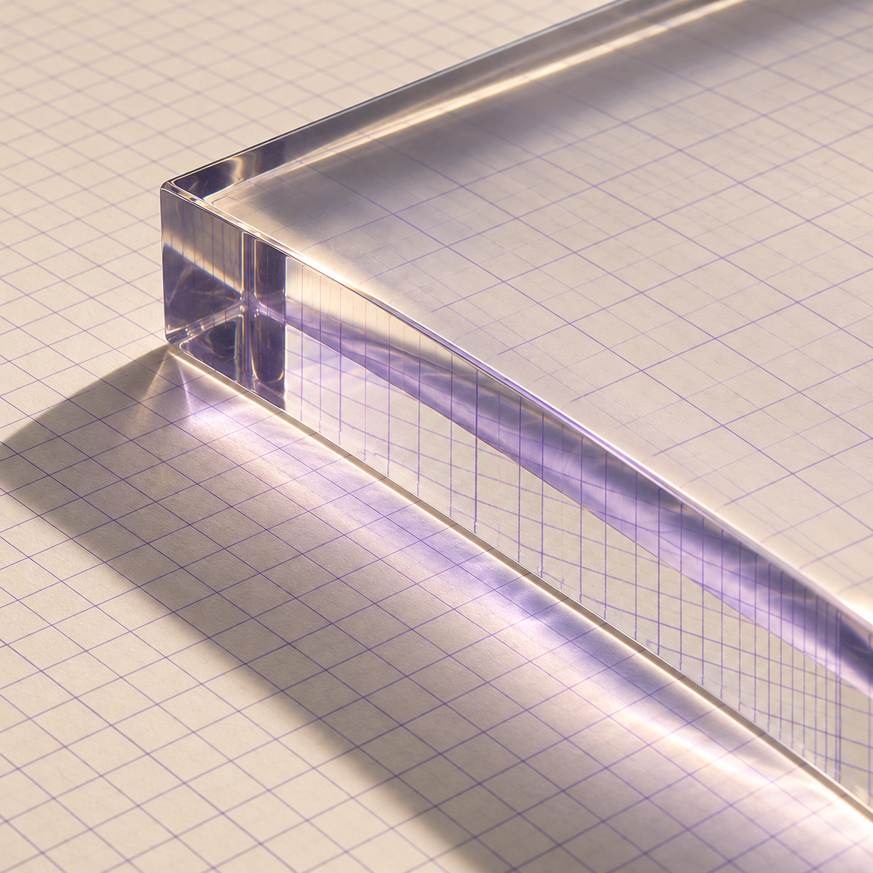 Clear optical glass over an ivory drafting sheet with a fine lavender grid